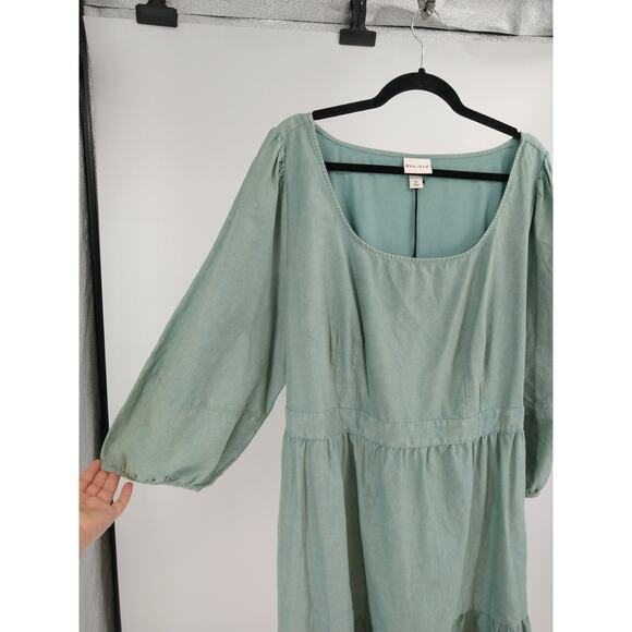 Ava‎ & Viv A-Line Dress 2X Balloon 3/4 Sleeve Tiered Cotton Tie Back Teal NWT - Picture 11 of 14